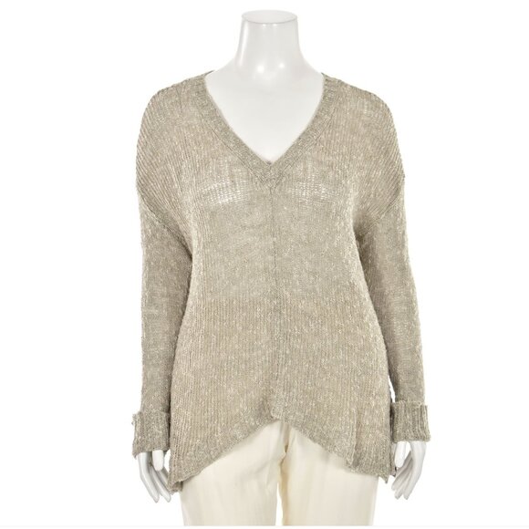 EUC Eileen Fisher Large Linen Blend V-Neck Open Knit Long Sleeve Sweater - Picture 1 of 11